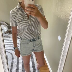 J Crew Size Small Quarter Button Striped Blue and White Short Sleeved Shirt